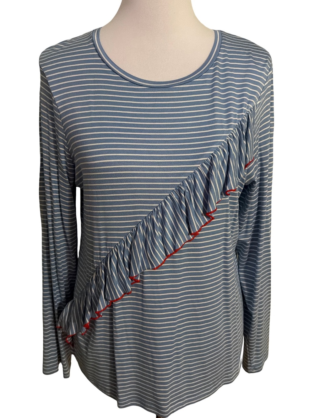 JEANNE PIERRE Blue and White Striped Ruffle Long-Sleeve Top